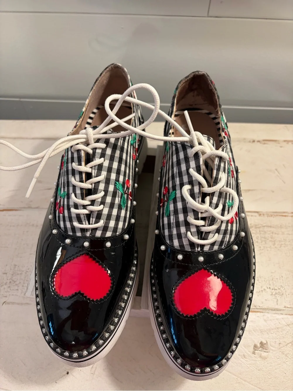 Betsey Johnson ABBOTT Oxfords with Red Heart & Cherry Embroidey